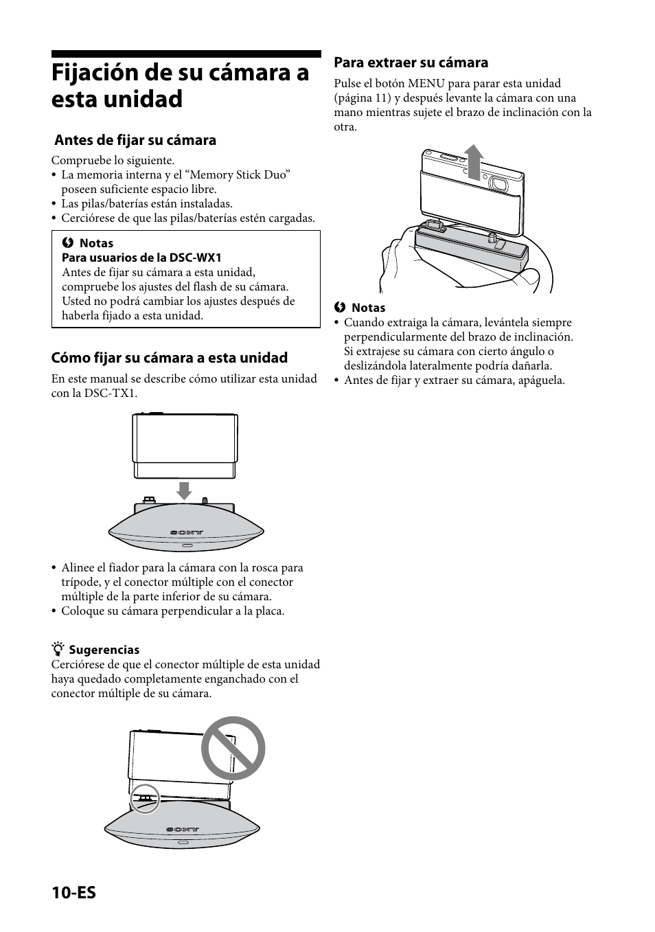 Fijación de su cámara a esta unidad, Antes de fijar su cámara, Cómo fijar su cámara a esta unidad | Para extraer su cámara | Sony IPT-DS1 User Manual | Page 54 / 189