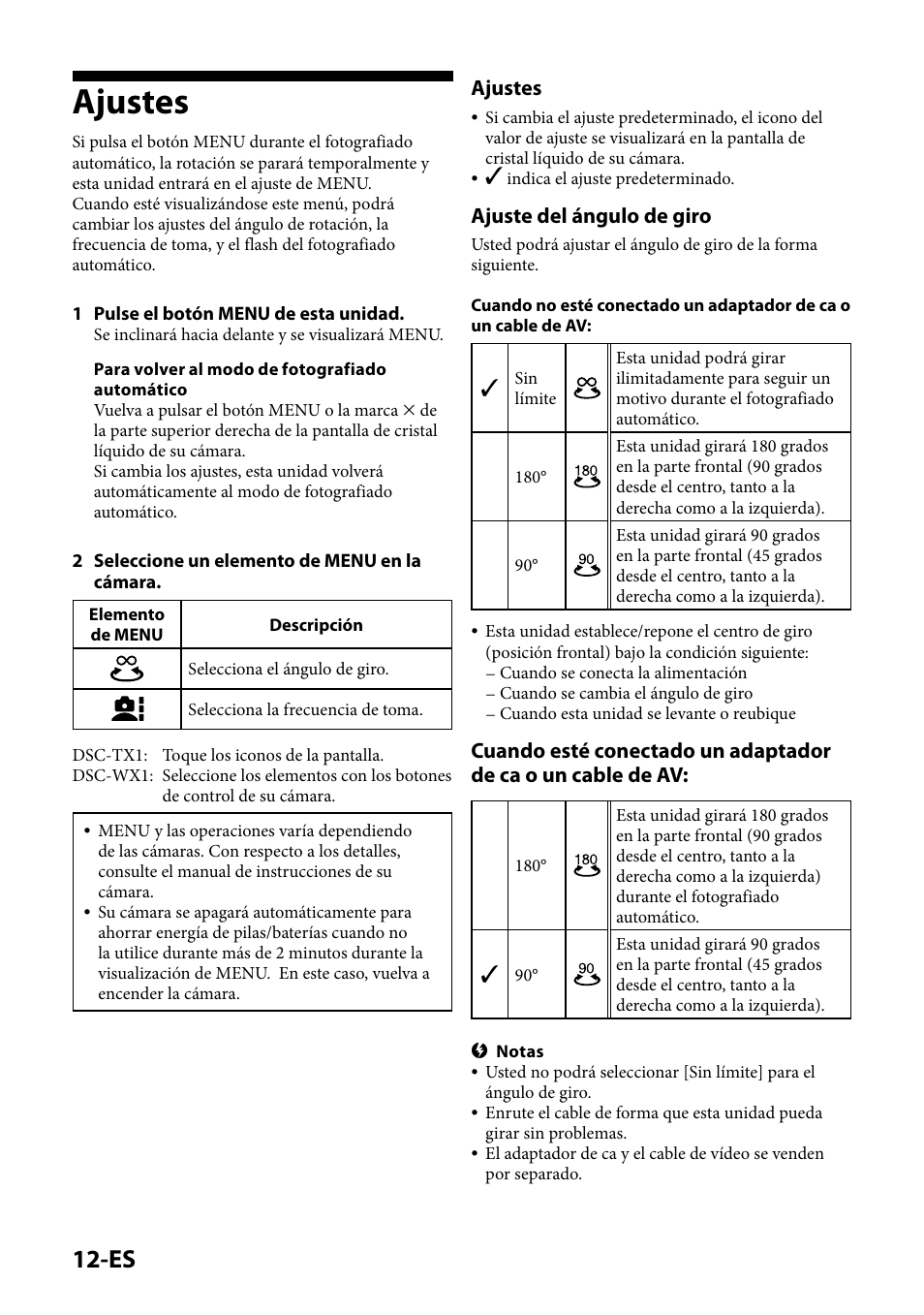 Ajustes, Ajuste del ángulo de giro | Sony IPT-DS1 User Manual | Page 56 / 189