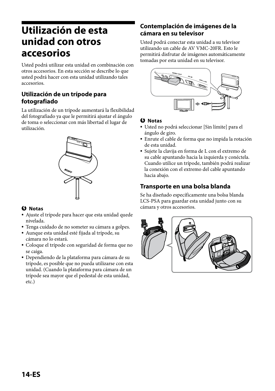 Utilización de esta unidad con otros accesorios, Utilización de un trípode para fotografiado, Transporte en una bolsa blanda | Sony IPT-DS1 User Manual | Page 58 / 189