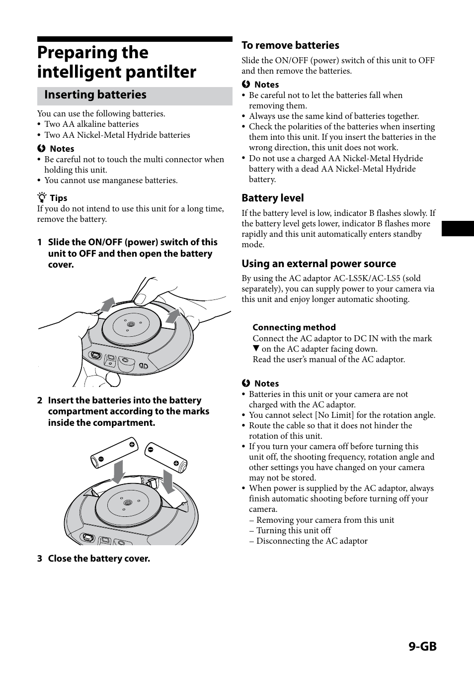 Preparing the intelligent pantilter, Inserting batteries, Battery level | Using an external power source | Sony IPT-DS1 User Manual | Page 9 / 189