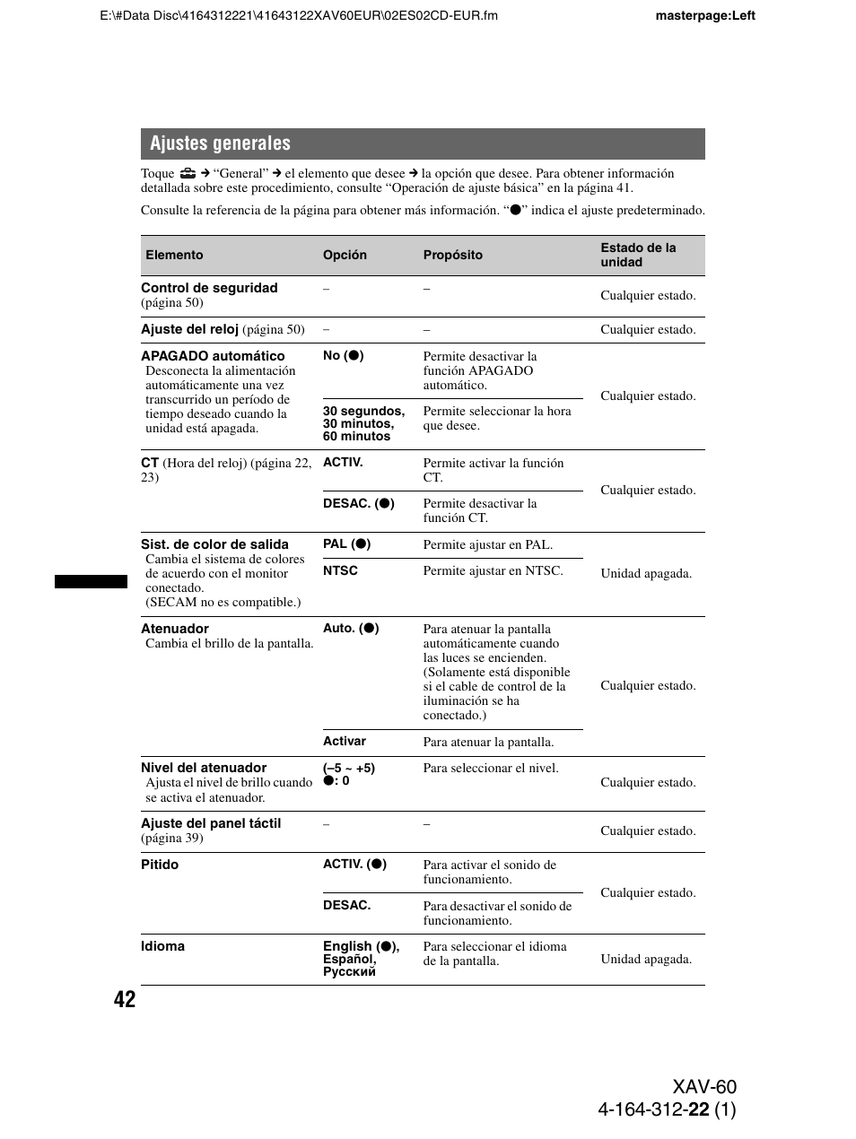 Ajustes generales | Sony XAV-60 User Manual | Page 100 / 188