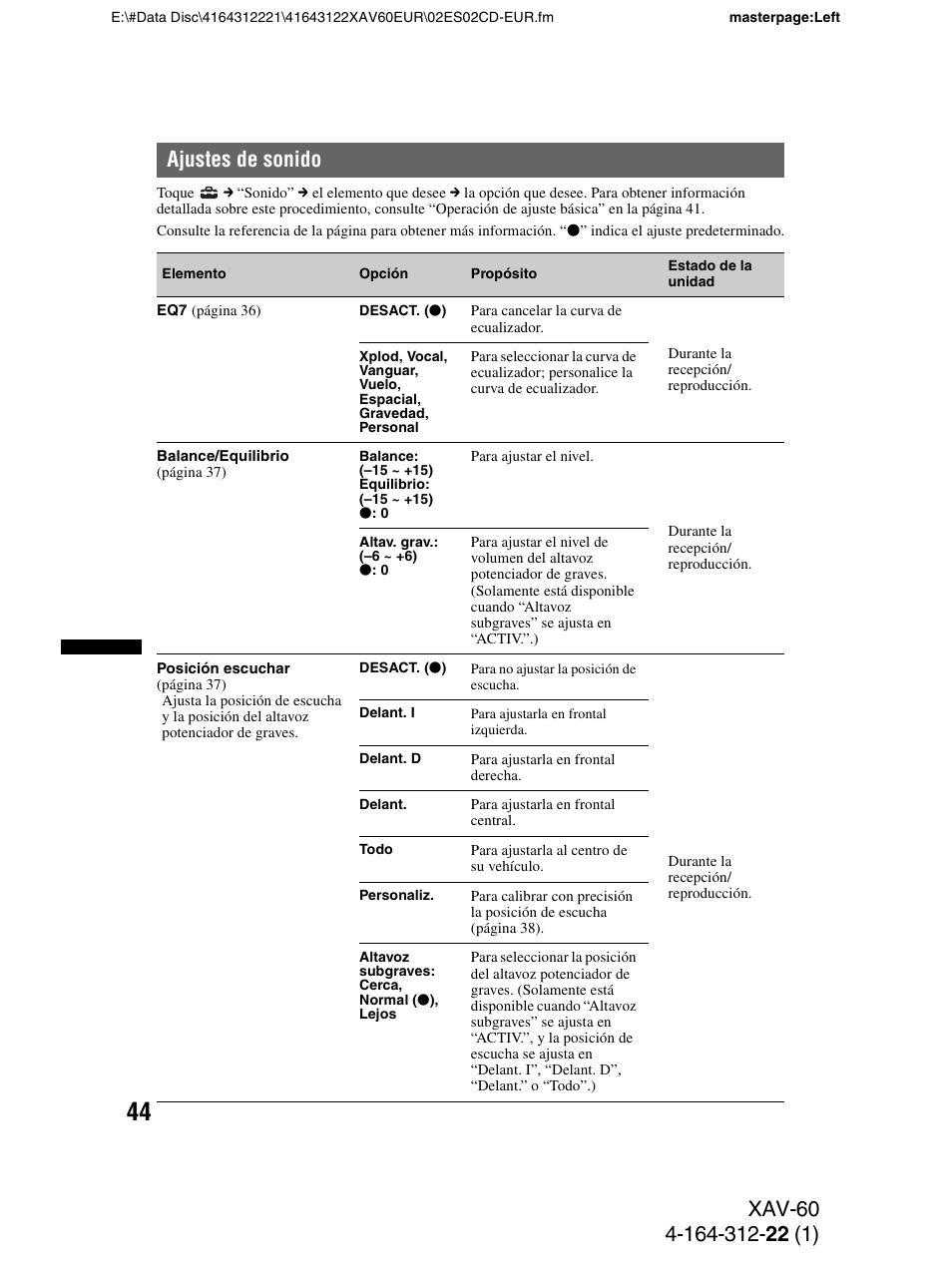 Ajustes de sonido | Sony XAV-60 User Manual | Page 102 / 188