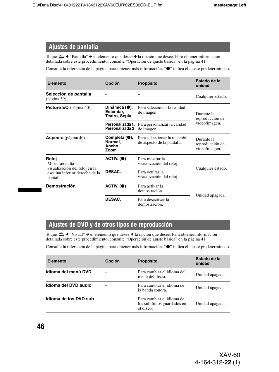 Ajustes de pantalla, Ajustes de dvd y de otros tipos de reproducción | Sony XAV-60 User Manual | Page 104 / 188