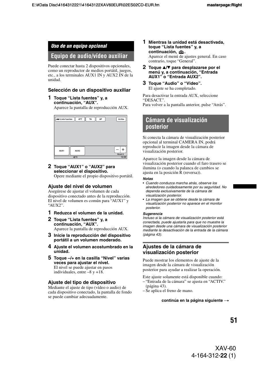 Uso de un equipo opcional, Equipo de audio/vídeo auxiliar, Cámara de visualización posterior | Ajustes de la cámara de visualización posterior | Sony XAV-60 User Manual | Page 109 / 188