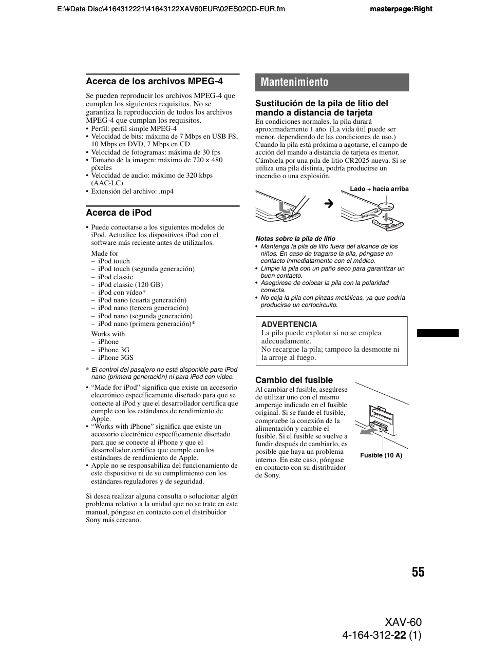 Acerca de los archivos mpeg-4, Acerca de ipod, Mantenimiento | Acerca de los archivos mpeg-4 acerca de ipod | Sony XAV-60 User Manual | Page 113 / 188