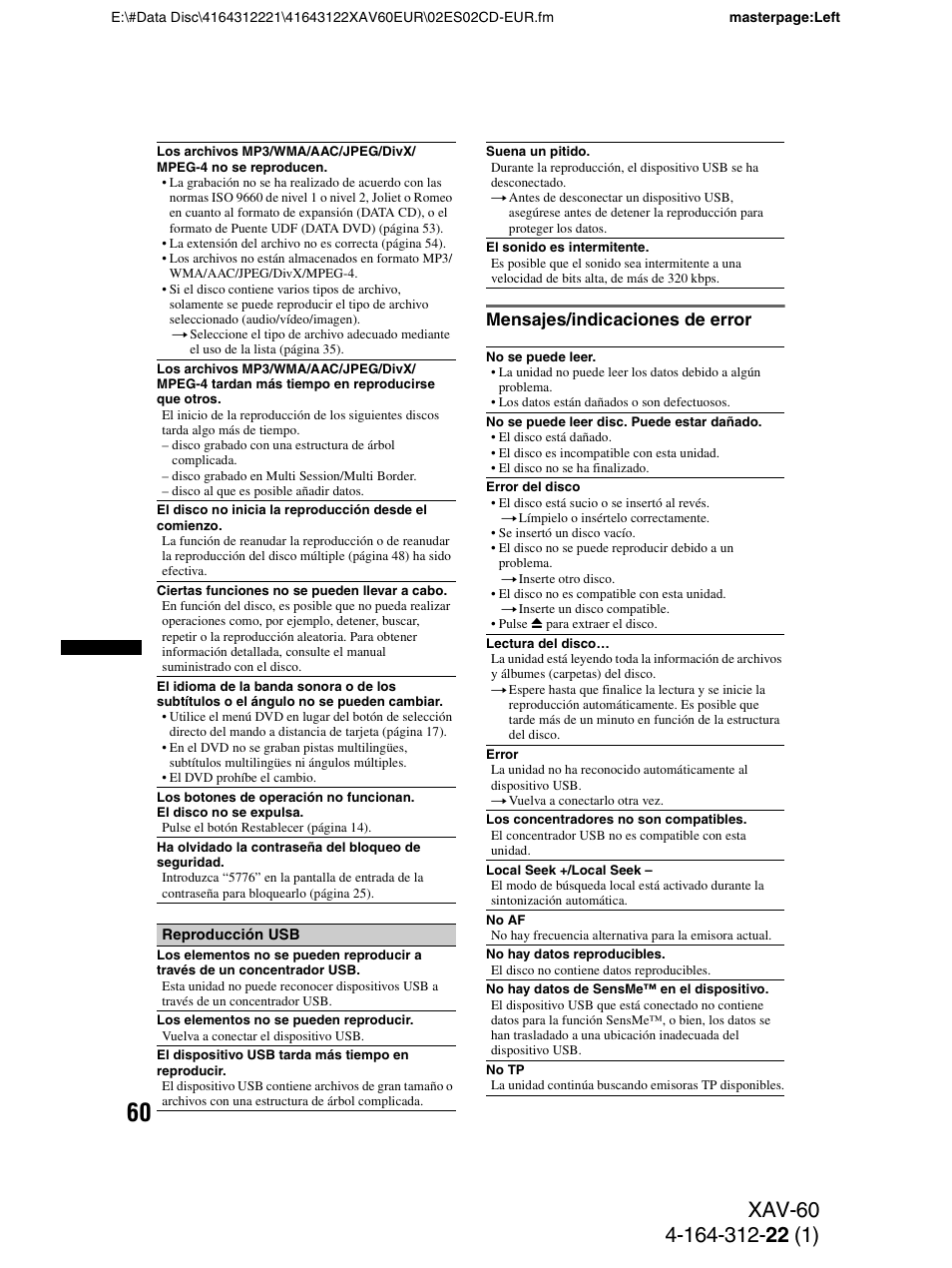 Mensajes/indicaciones de error | Sony XAV-60 User Manual | Page 118 / 188