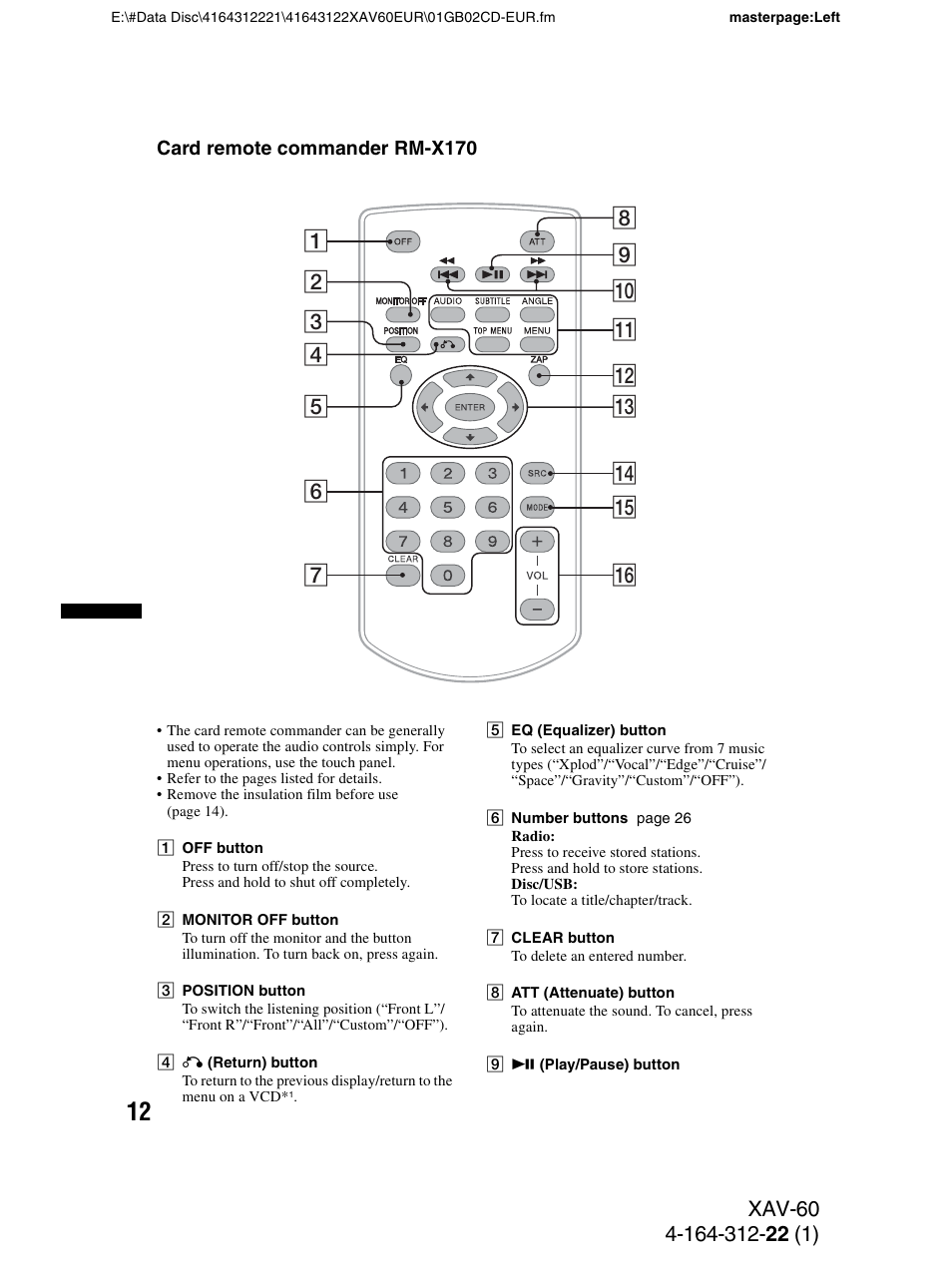 Card remote commander rm-x170 | Sony XAV-60 User Manual | Page 12 / 188