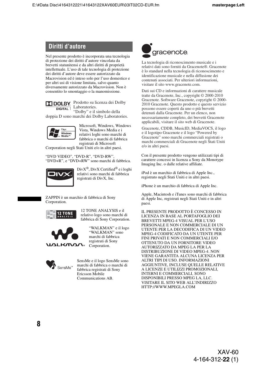 Diritti d’autore | Sony XAV-60 User Manual | Page 130 / 188