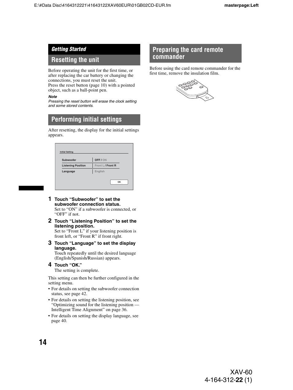 Getting started, Resetting the unit, Performing initial settings | Preparing the card remote commander | Sony XAV-60 User Manual | Page 14 / 188