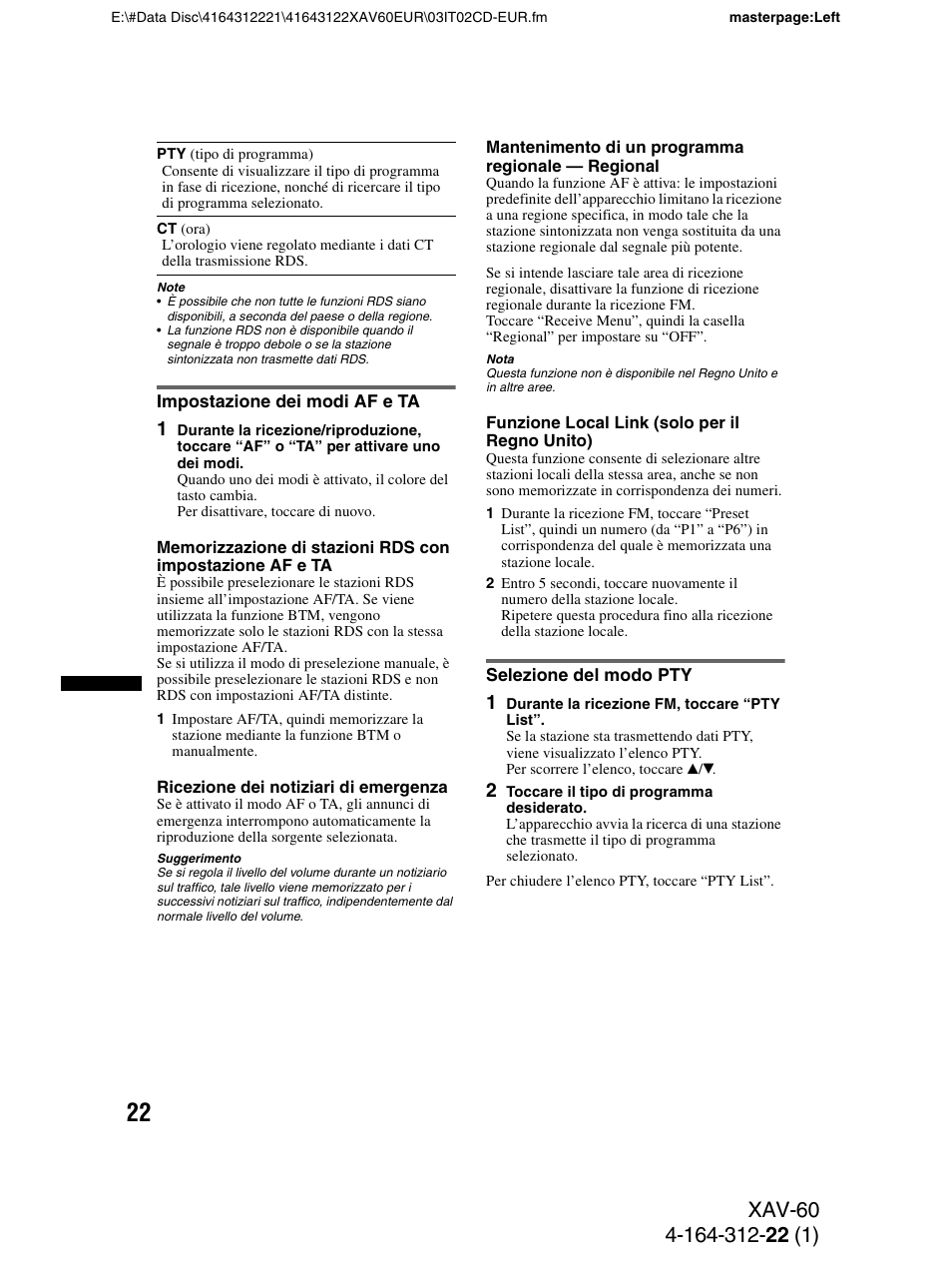 Impostazione dei modi af e ta, Selezione del modo pty | Sony XAV-60 User Manual | Page 144 / 188