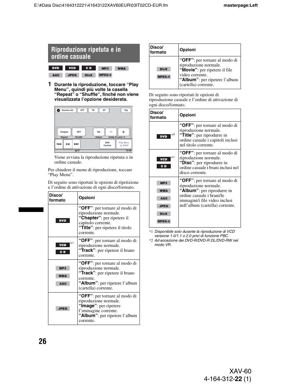 Riproduzione ripetuta e in ordine casuale | Sony XAV-60 User Manual | Page 148 / 188