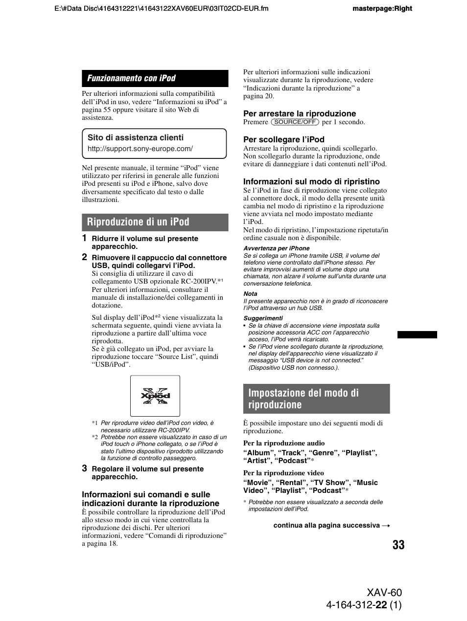 Funzionamento con ipod, Riproduzione di un ipod, Impostazione del modo di riproduzione | Sony XAV-60 User Manual | Page 155 / 188