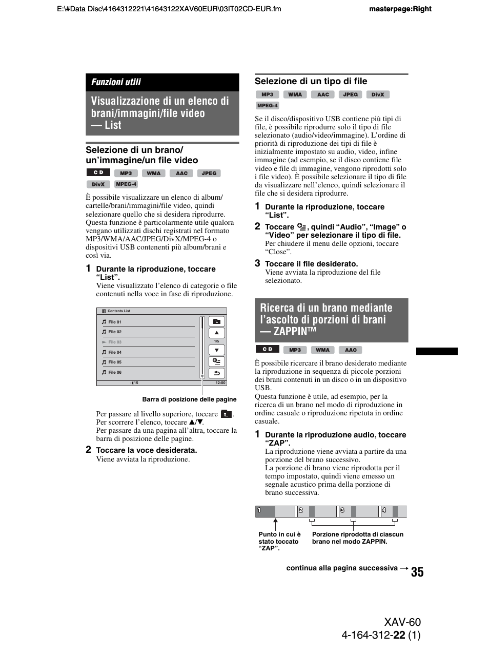 Funzioni utili, Selezione di un brano/ un’immagine/un file video, Selezione di un tipo di file | Sony XAV-60 User Manual | Page 157 / 188