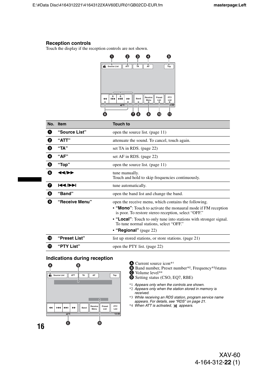 Reception controls, Indications during reception | Sony XAV-60 User Manual | Page 16 / 188