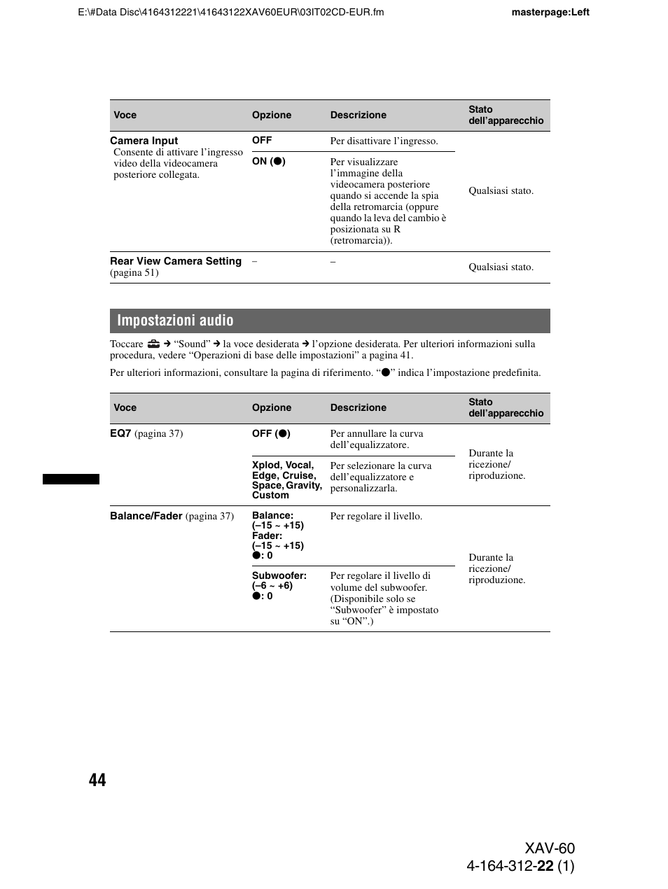 Impostazioni audio | Sony XAV-60 User Manual | Page 166 / 188