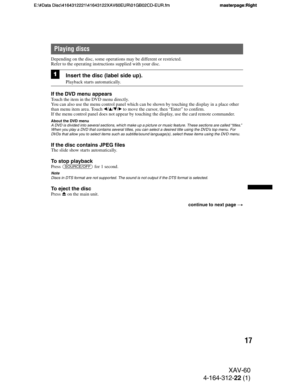 Playing discs | Sony XAV-60 User Manual | Page 17 / 188