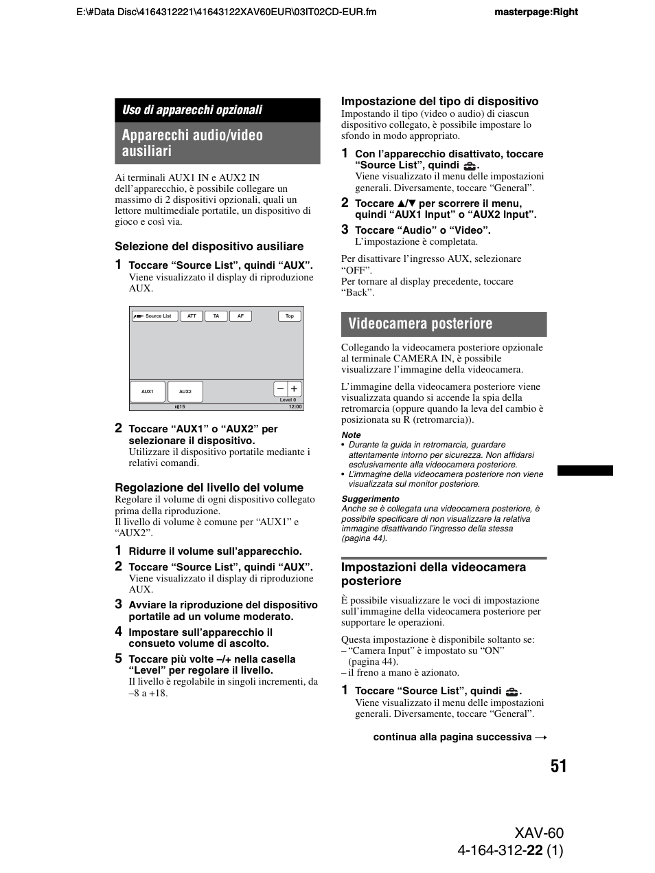 Uso di apparecchi opzionali, Apparecchi audio/video ausiliari, Videocamera posteriore | Impostazioni della videocamera posteriore | Sony XAV-60 User Manual | Page 173 / 188