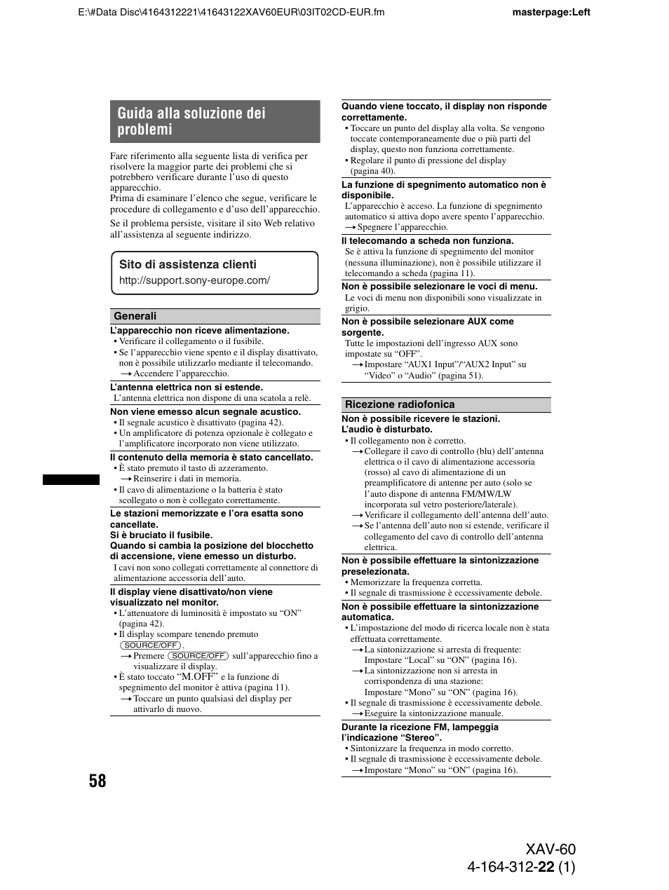 Guida alla soluzione dei problemi | Sony XAV-60 User Manual | Page 180 / 188