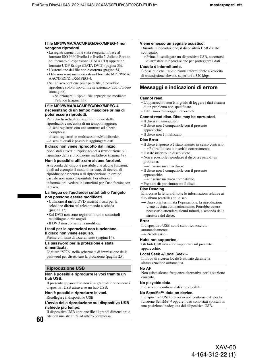 Messaggi e indicazioni di errore | Sony XAV-60 User Manual | Page 182 / 188