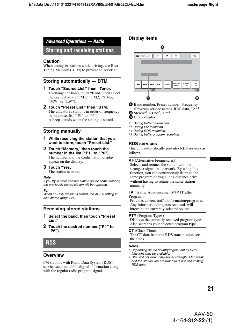 Advanced operations - radio, Storing and receiving stations, Storing automatically - btm | Storing manually, Receiving stored stations, Overview, Advanced operations — radio | Sony XAV-60 User Manual | Page 21 / 188