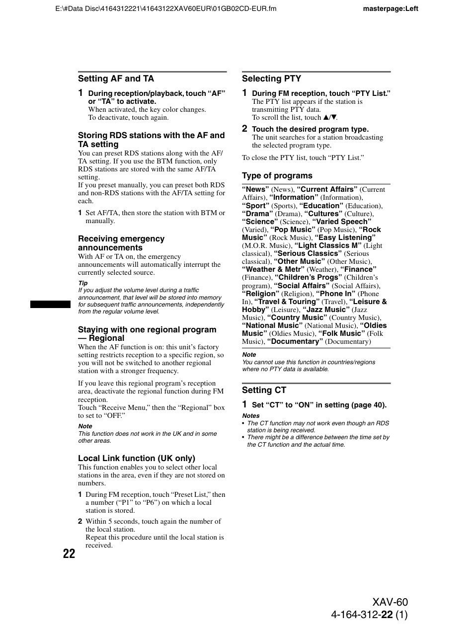 Setting af and ta, Selecting pty, Setting ct | Setting af and ta selecting pty setting ct | Sony XAV-60 User Manual | Page 22 / 188