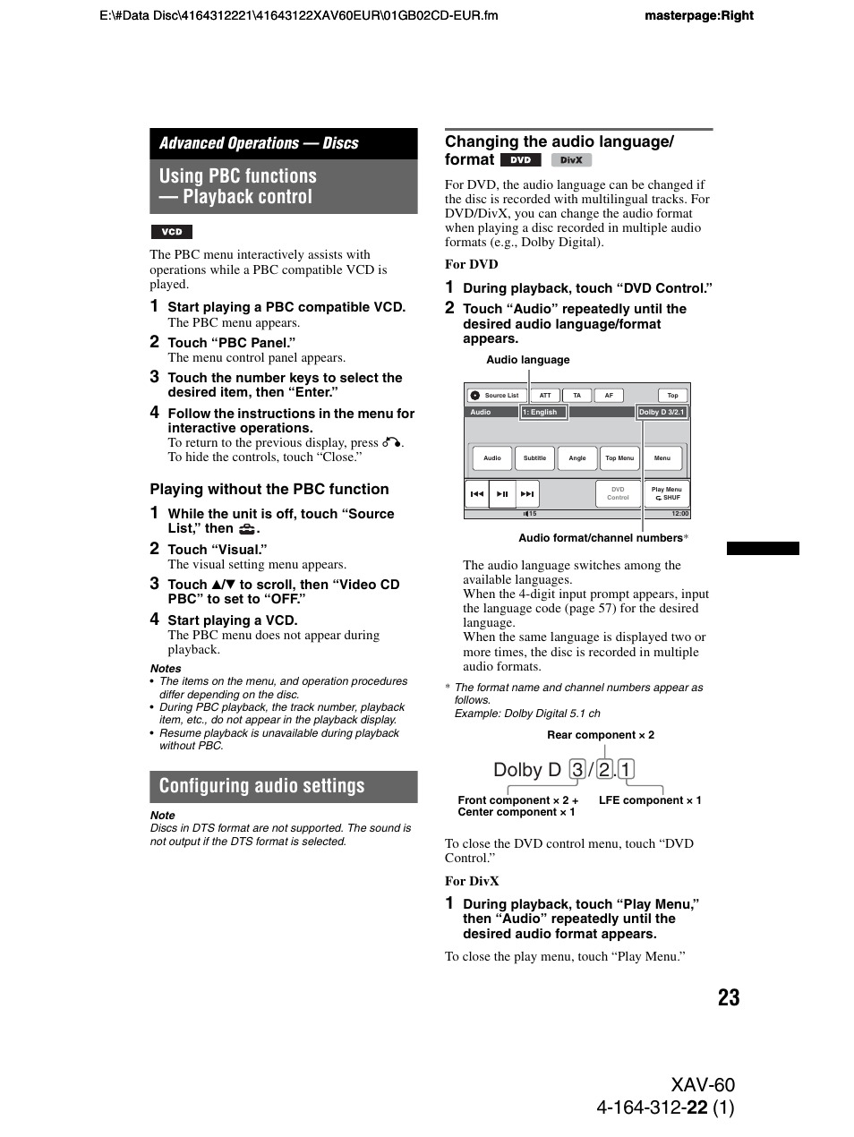 Advanced operations - discs, Using pbc functions - playback control, Configuring audio settings | Changing the audio language/ format, Advanced operations — discs, Using pbc functions — playback control, Changing the audio language/format, Dolby d 3 / 2 | Sony XAV-60 User Manual | Page 23 / 188