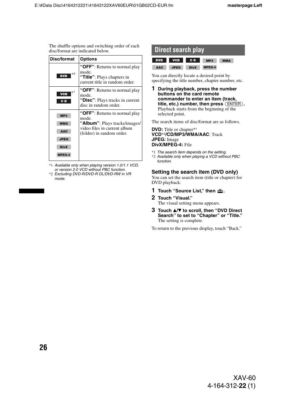 Direct search play | Sony XAV-60 User Manual | Page 26 / 188