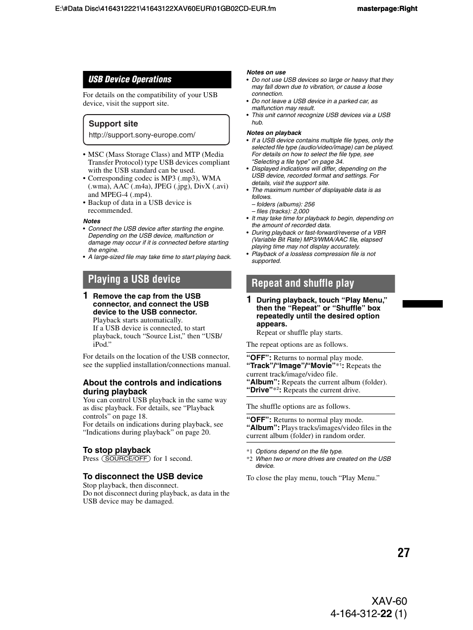 Usb device operations, Playing a usb device, Repeat and shuffle play | Sony XAV-60 User Manual | Page 27 / 188