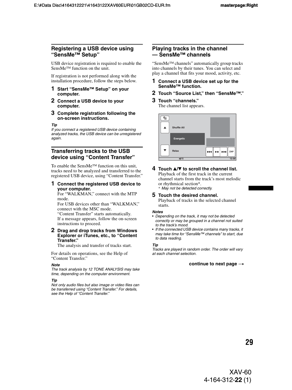 Registering a usb device using “sensme™ setup, Playing tracks in the channel - sensme™ channels | Sony XAV-60 User Manual | Page 29 / 188