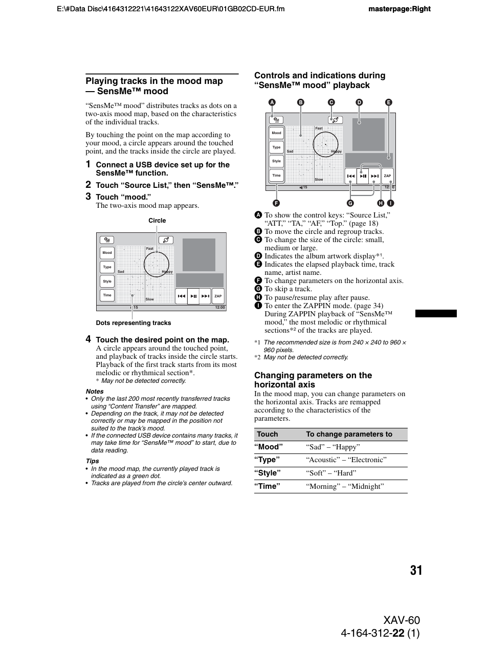 Playing tracks in the mood map - sensme™ mood, Playing tracks in the mood map — sensme™ mood | Sony XAV-60 User Manual | Page 31 / 188