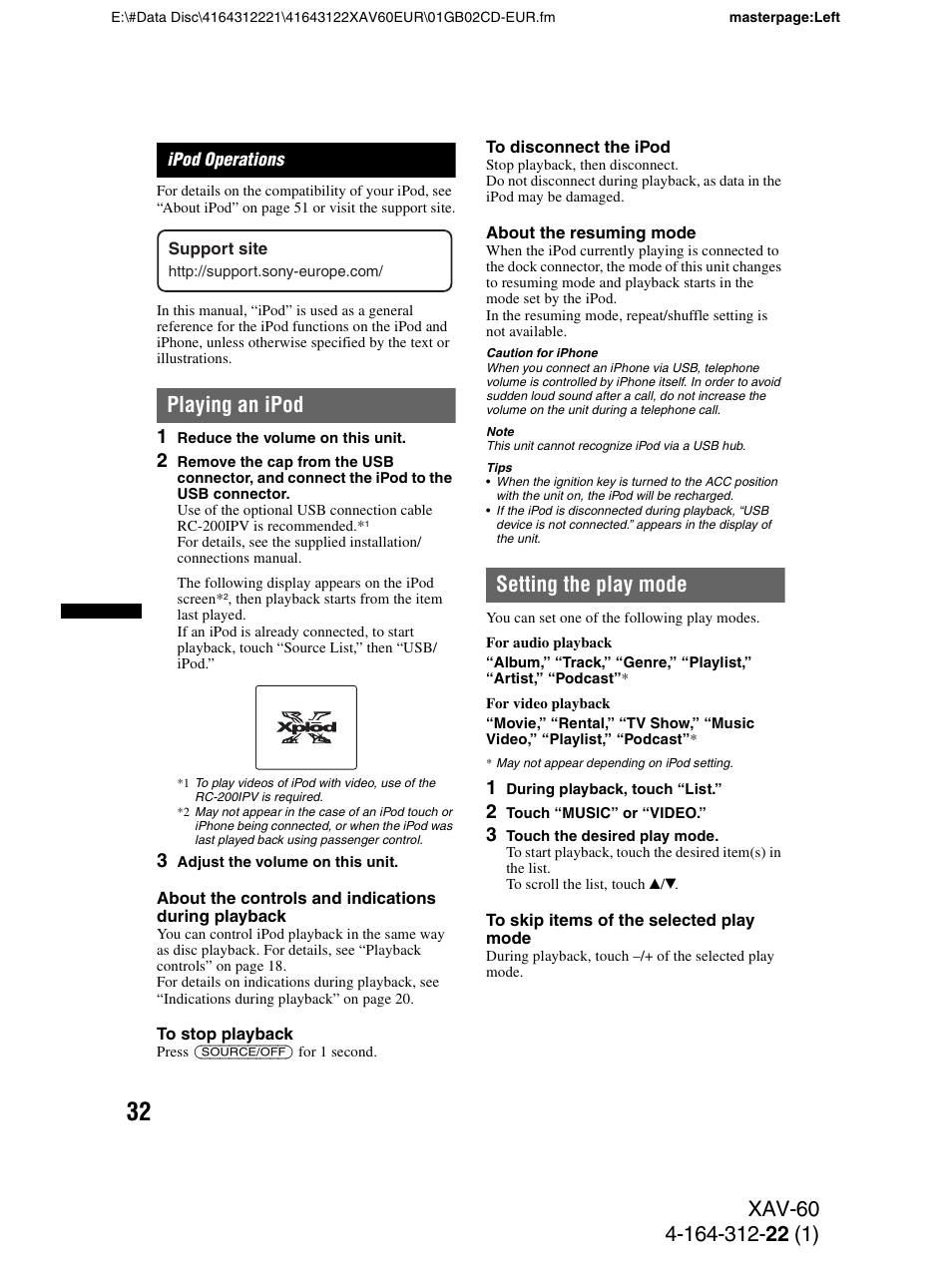 Ipod operations, Playing an ipod, Setting the play mode | Sony XAV-60 User Manual | Page 32 / 188