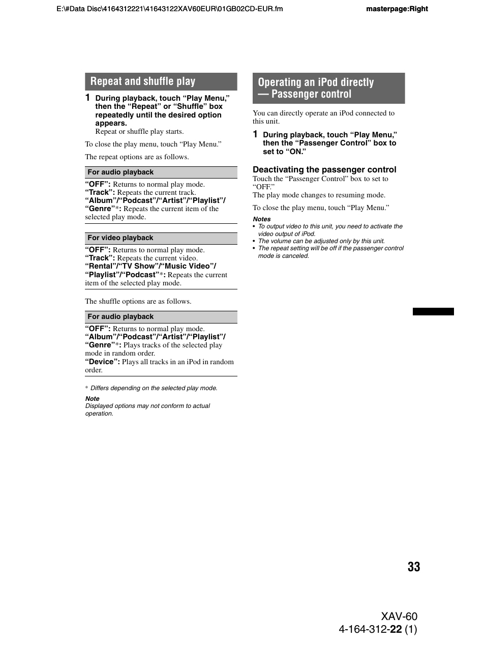 Repeat and shuffle play, Operating an ipod directly - passenger control, Operating an ipod directly — passenger control | Sony XAV-60 User Manual | Page 33 / 188