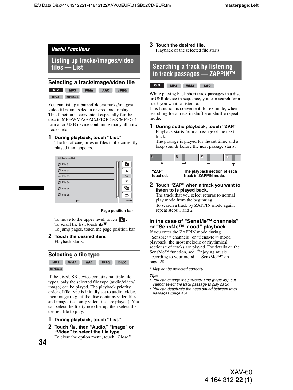 Useful functions, Listing up tracks/images/video files - list, Selecting a track/image/video file | Selecting a file type, Listing up tracks/images/video files — list | Sony XAV-60 User Manual | Page 34 / 188