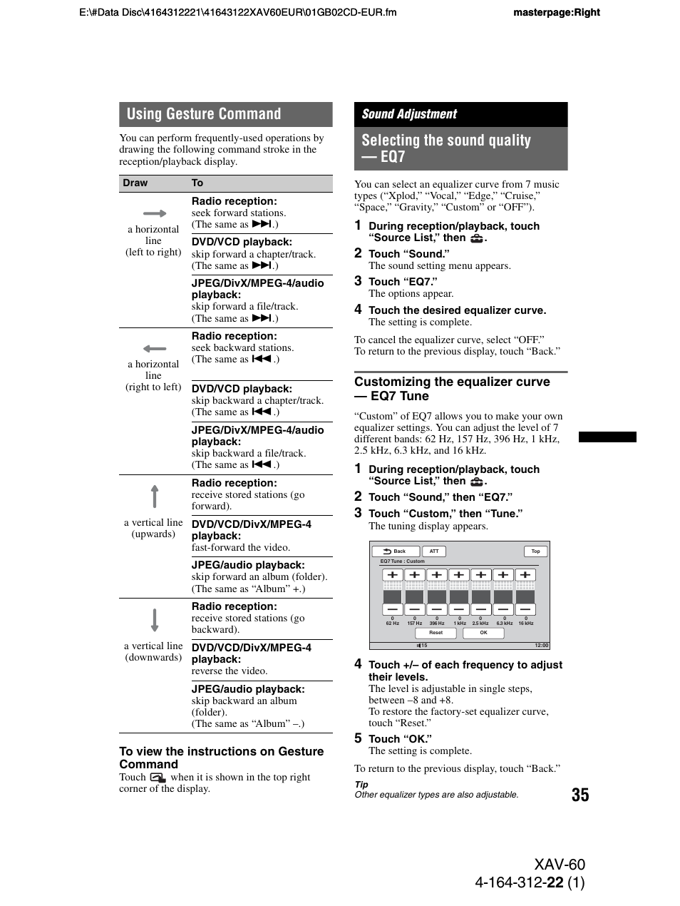 Using gesture command, Sound adjustment, Selecting the sound quality - eq7 | Customizing the equalizer curve - eq7 tune, Selecting the sound quality — eq7, Customizing the equalizer curve — eq7 tune | Sony XAV-60 User Manual | Page 35 / 188