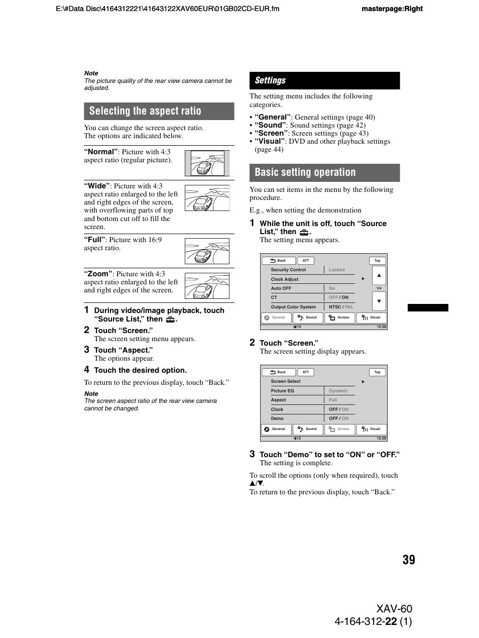 Selecting the aspect ratio, Settings, Basic setting operation | Sony XAV-60 User Manual | Page 39 / 188