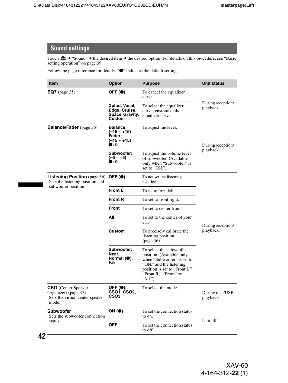 Sound settings | Sony XAV-60 User Manual | Page 42 / 188