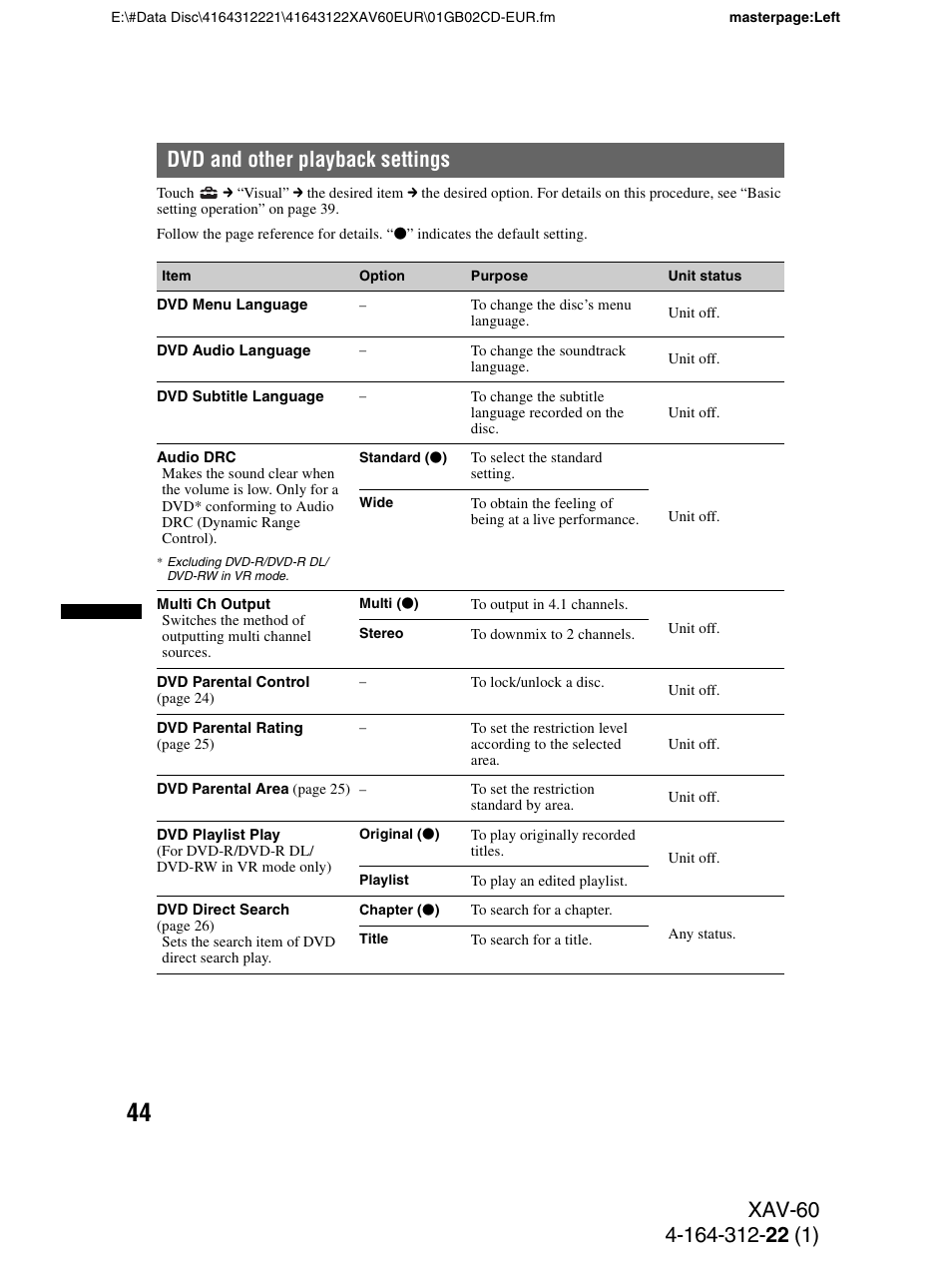 Dvd and other playback settings | Sony XAV-60 User Manual | Page 44 / 188