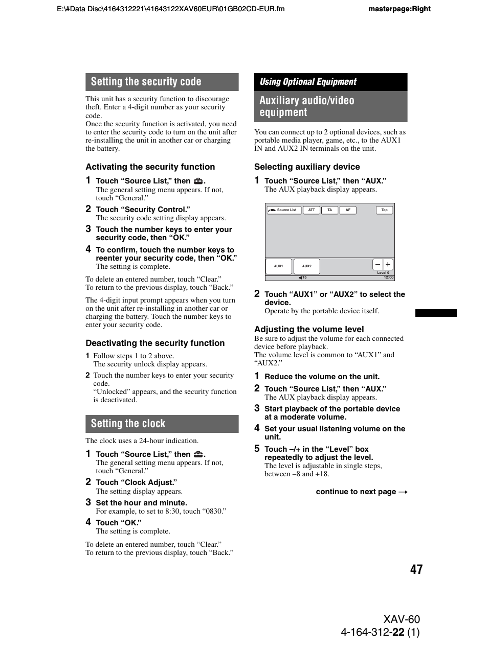 Setting the security code, Setting the clock, Using optional equipment | Auxiliary audio/video equipment | Sony XAV-60 User Manual | Page 47 / 188