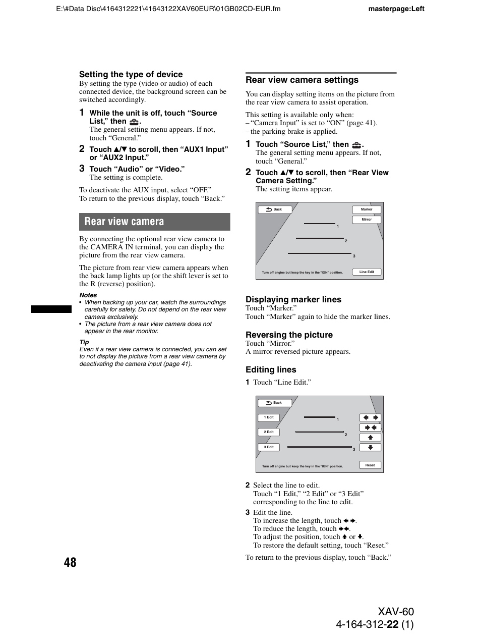 Rear view camera, Rear view camera settings | Sony XAV-60 User Manual | Page 48 / 188