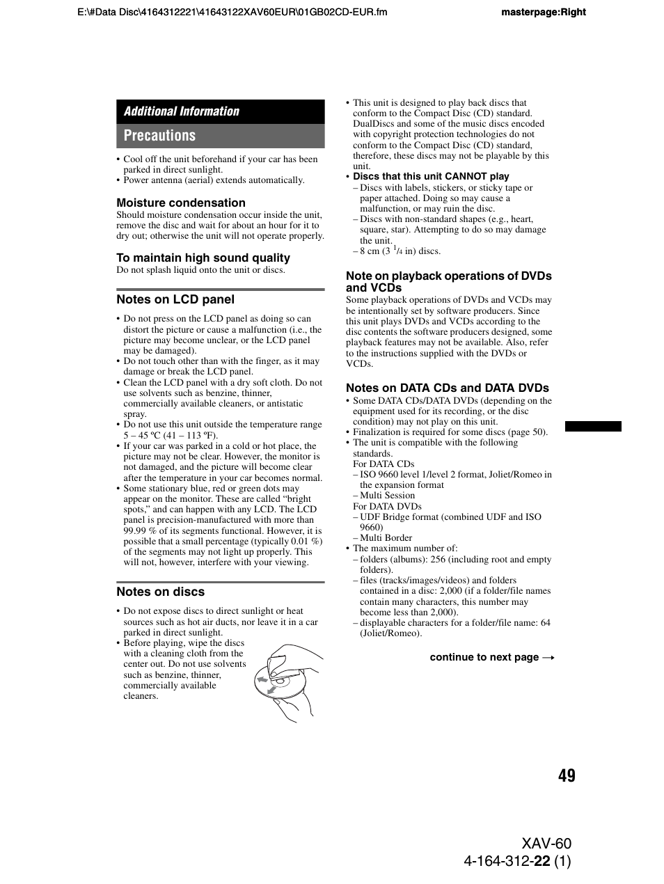 Additional information, Precautions, Notes on lcd panel | Notes on discs, Notes on lcd panel notes on discs | Sony XAV-60 User Manual | Page 49 / 188