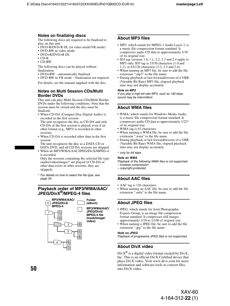 About mp3 files, About wma files, About aac files | About jpeg files, About divx video, Playback order of mp3/wma/aac/jpeg/ divx, Mpeg-4 files | Sony XAV-60 User Manual | Page 50 / 188