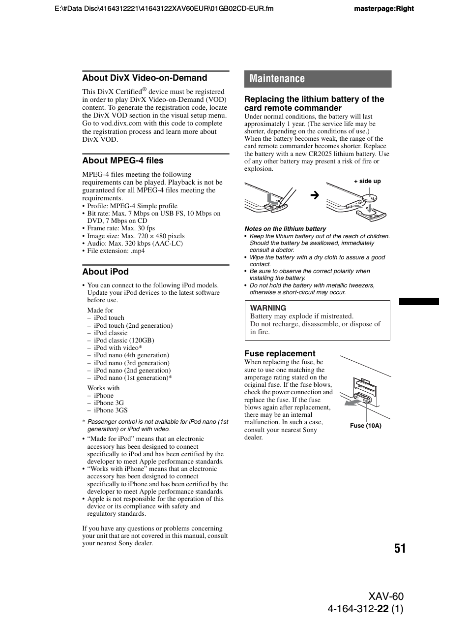 About divx video-on-demand, About mpeg-4 files, About ipod | Maintenance | Sony XAV-60 User Manual | Page 51 / 188