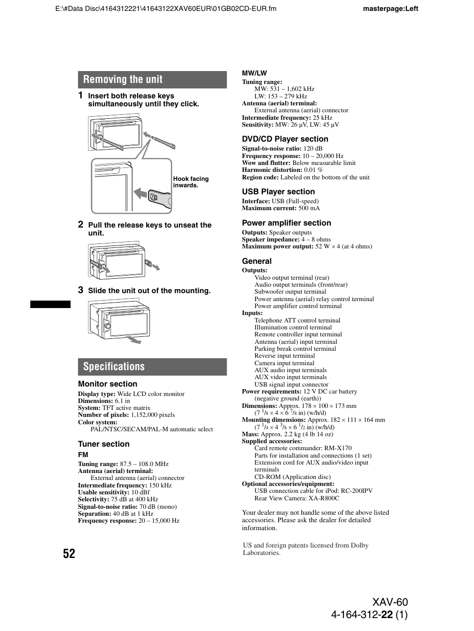 Removing the unit, Specifications | Sony XAV-60 User Manual | Page 52 / 188