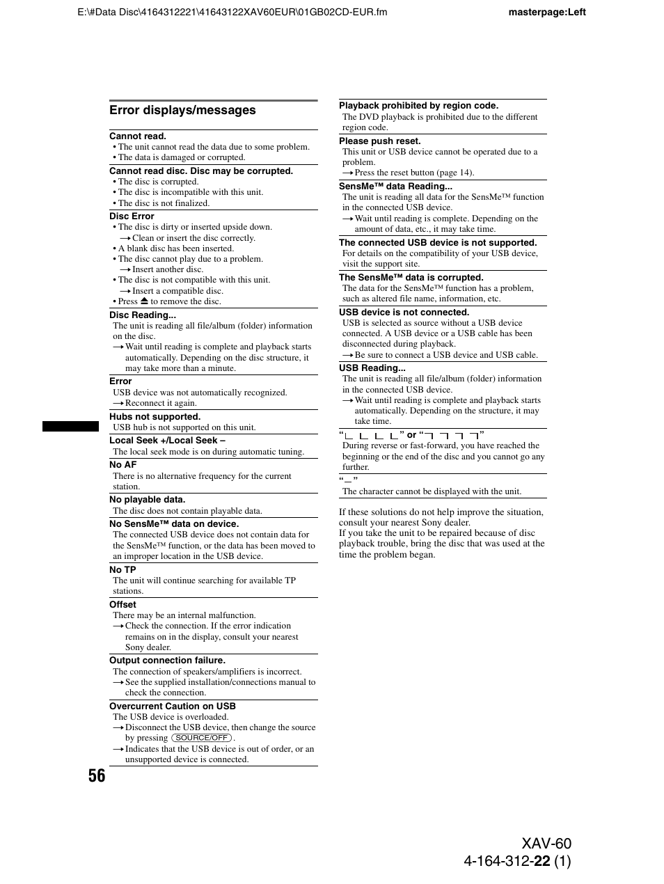 Error displays/messages | Sony XAV-60 User Manual | Page 56 / 188