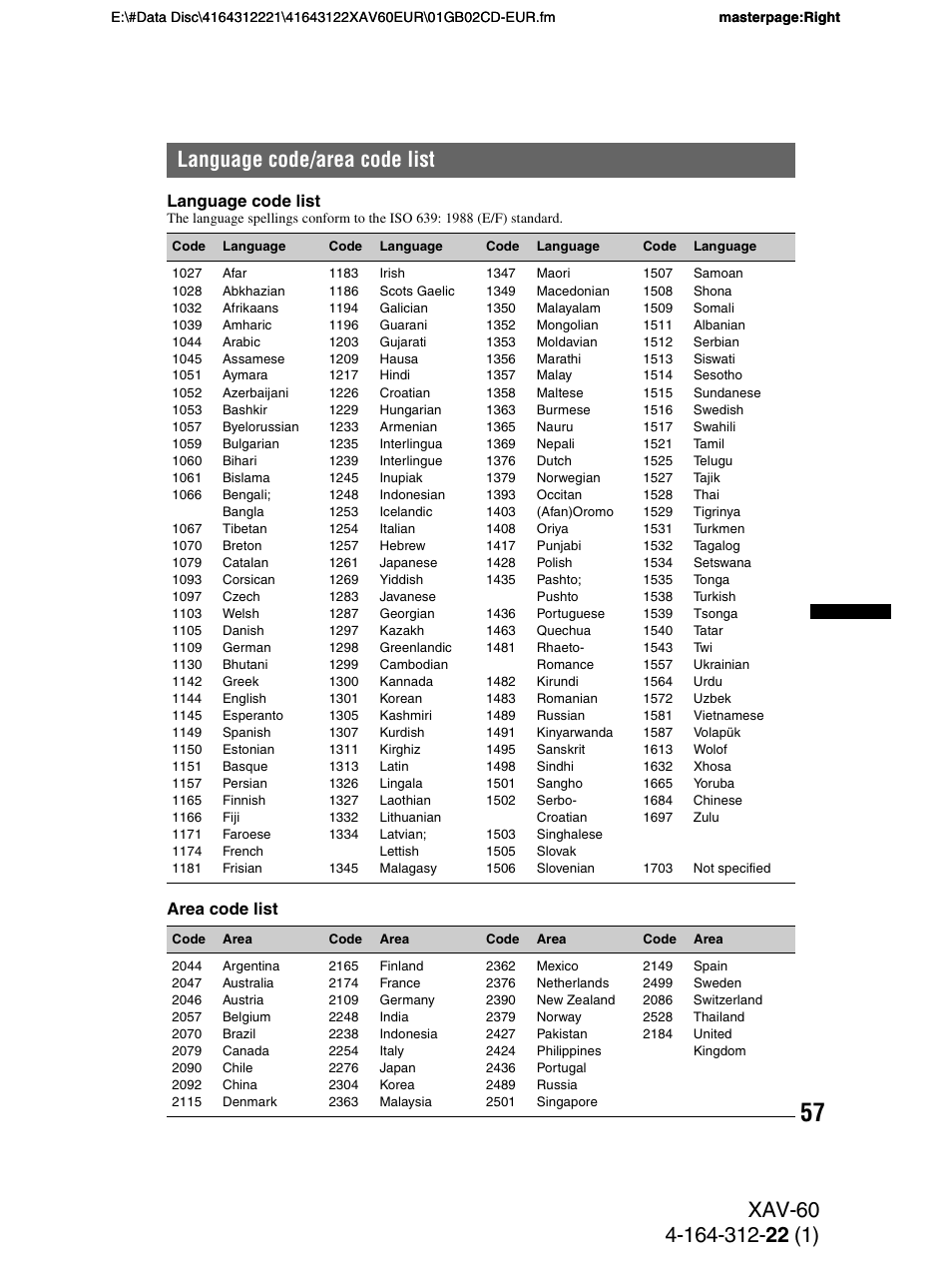 Language code/area code list | Sony XAV-60 User Manual | Page 57 / 188