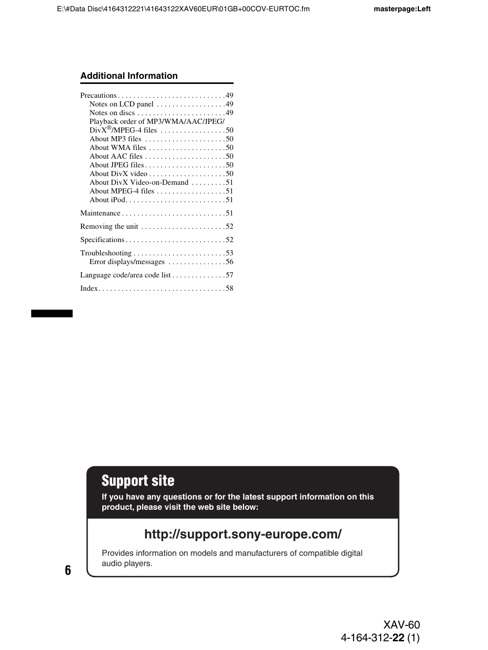 Support site | Sony XAV-60 User Manual | Page 6 / 188