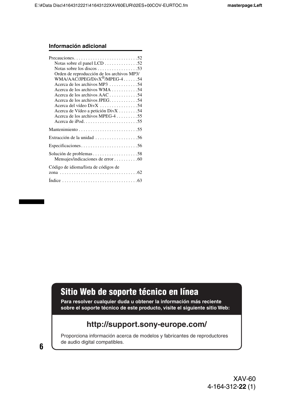 Sitio web de soporte técnico en línea | Sony XAV-60 User Manual | Page 64 / 188