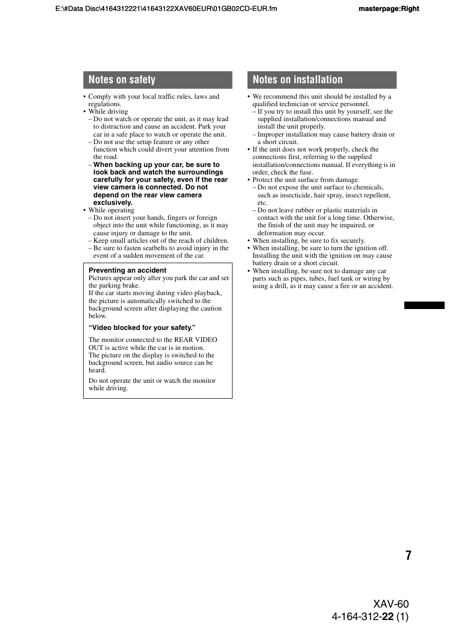 Notes on safety, Notes on installation | Sony XAV-60 User Manual | Page 7 / 188