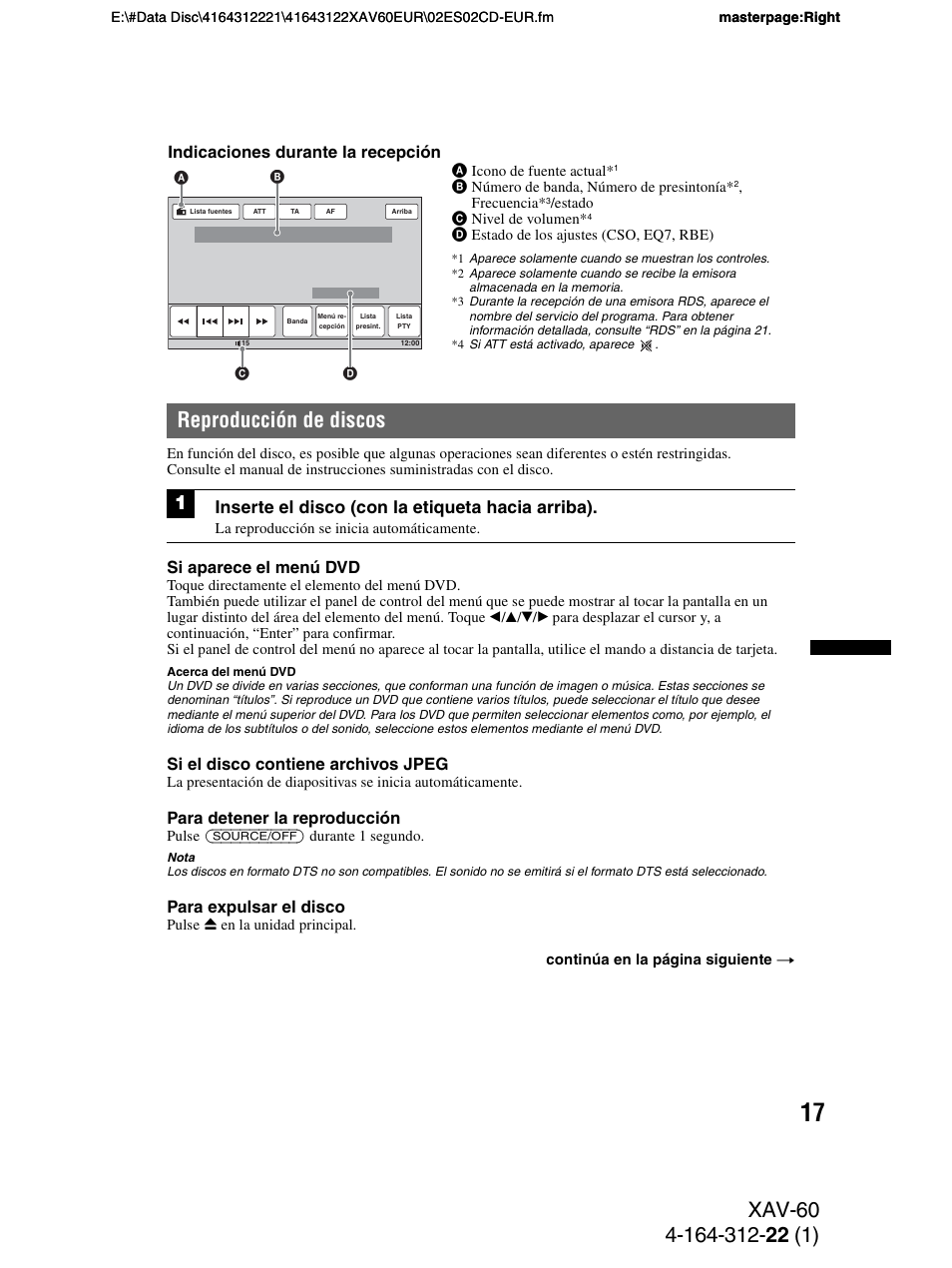 Reproducción de discos, Inserte el disco (con la etiqueta hacia arriba) | Sony XAV-60 User Manual | Page 75 / 188