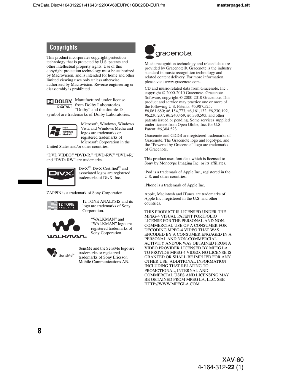 Copyrights | Sony XAV-60 User Manual | Page 8 / 188